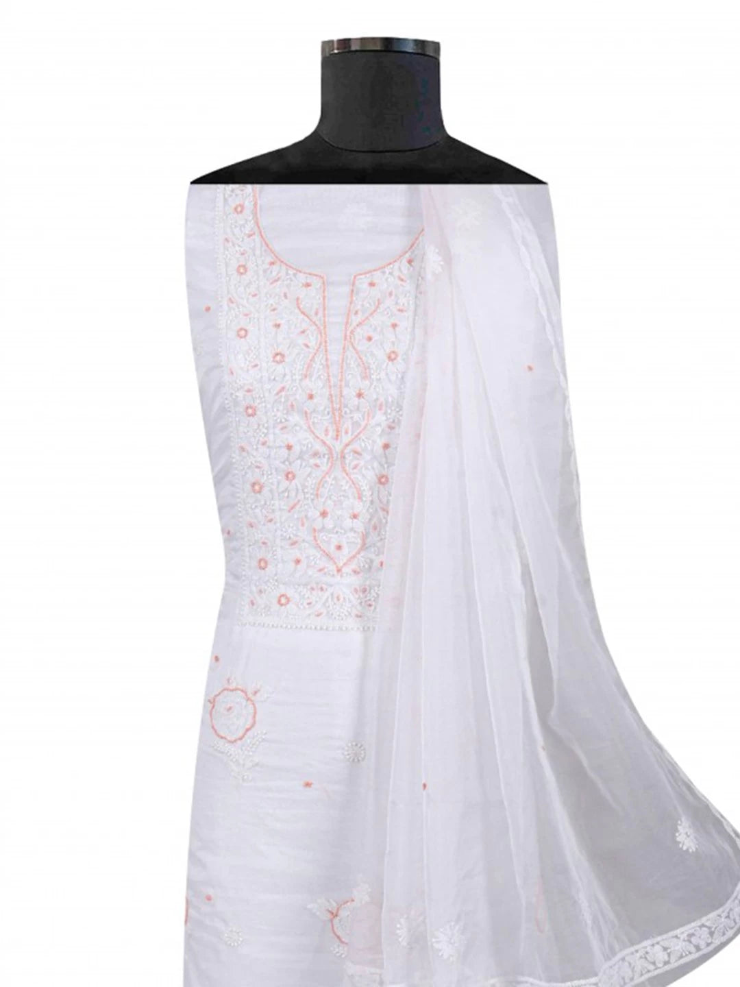 Ada Hand Embroidered White Organza Lucknowi Chikankari Unstitched Kurta Dupatta Set With Pearl Work 01A223554