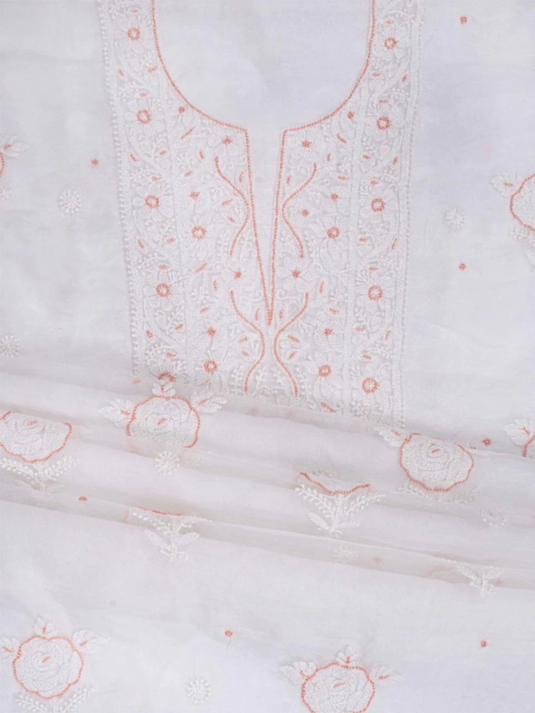 Ada Hand Embroidered White Organza Lucknowi Chikankari Unstitched Kurta Dupatta Set With Pearl Work 01A223554