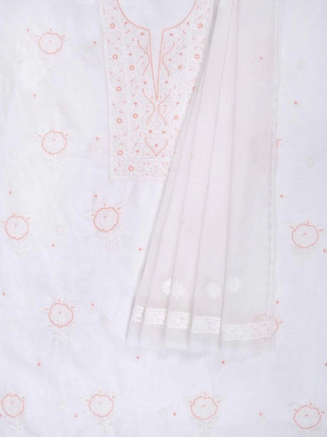 Ada Hand Embroidered White Organza Lucknowi Chikankari Unstitched Kurta Dupatta Set With Pearl Work 01A223554