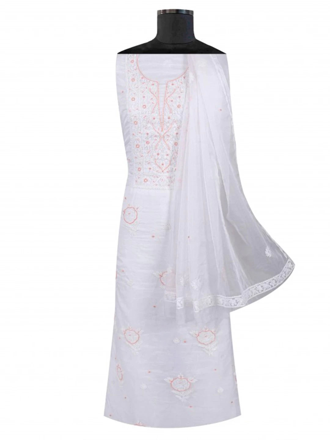 Ada Hand Embroidered White Organza Lucknowi Chikankari Unstitched Kurta Dupatta Set With Pearl Work 01A223554