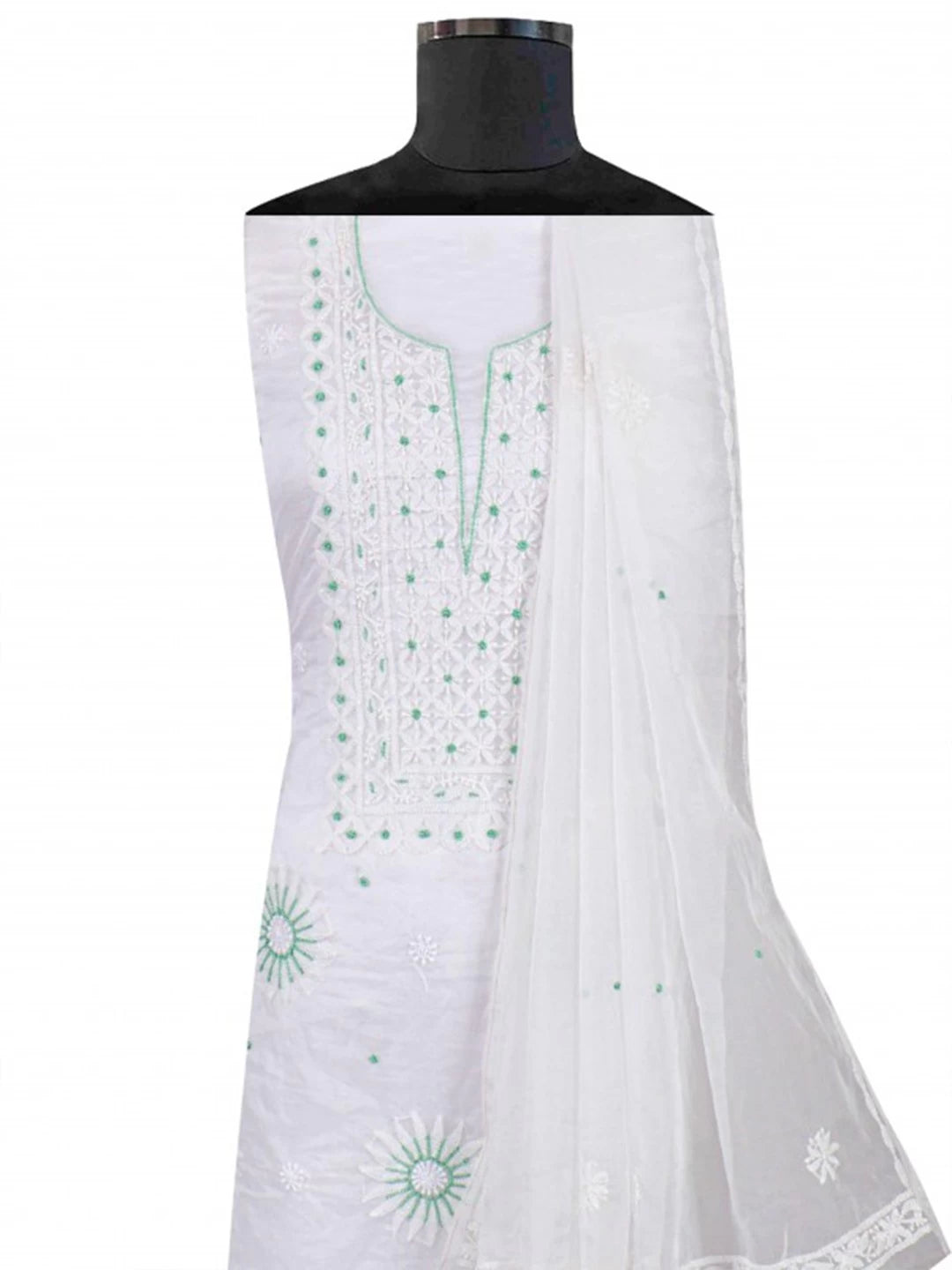 Ada Hand Embroidered White Organza Lucknowi Chikankari Unstitched Kurta Dupatta Set With Pearl Work 01A223544