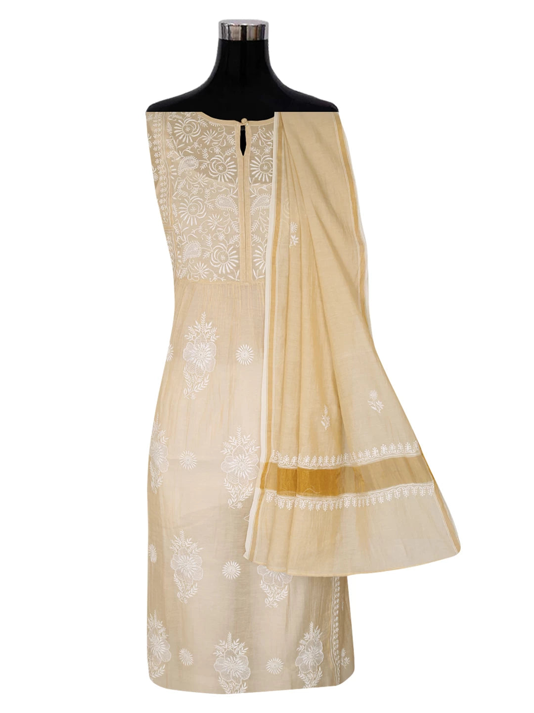 Ada Hand Embroidered Light Fawn Chanderi Lucknowi Chikankari Semi-stitched Kurta Dupatta Set 01A360888