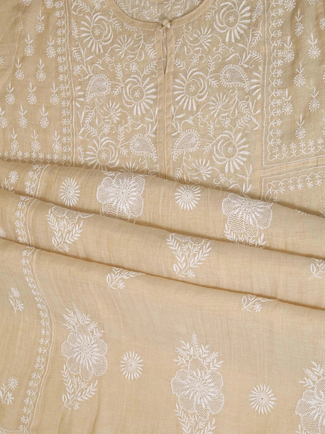Ada Hand Embroidered Light Fawn Chanderi Lucknowi Chikankari Semi-stitched Kurta Dupatta Set 01A360888