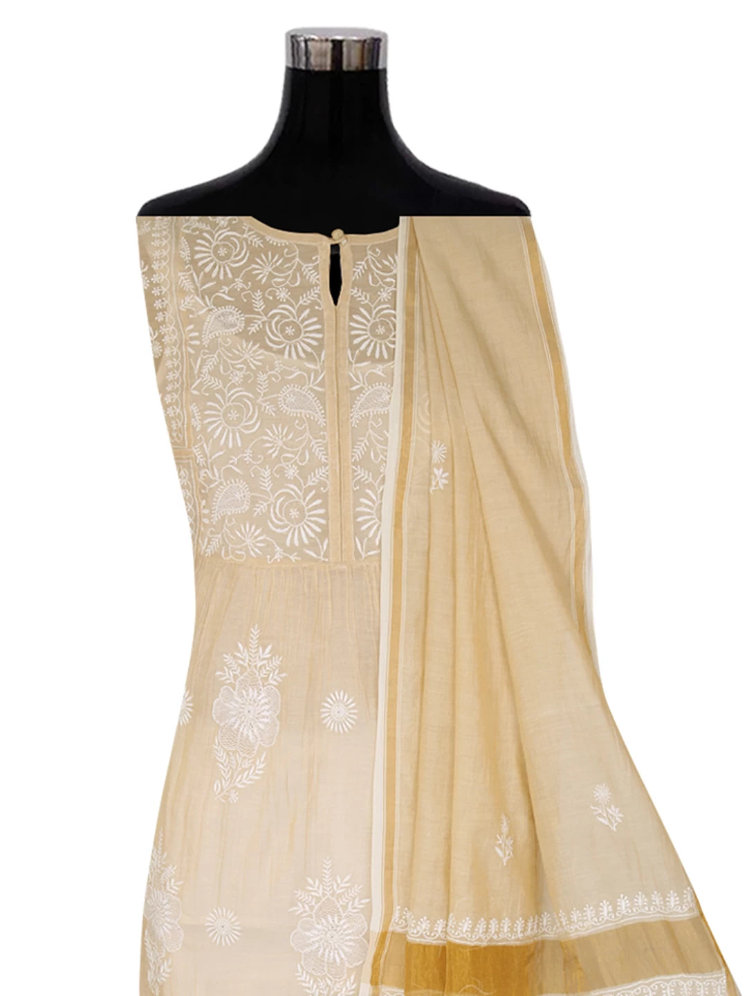 Ada Hand Embroidered Light Fawn Chanderi Lucknowi Chikankari Semi-stitched Kurta Dupatta Set 01A360888