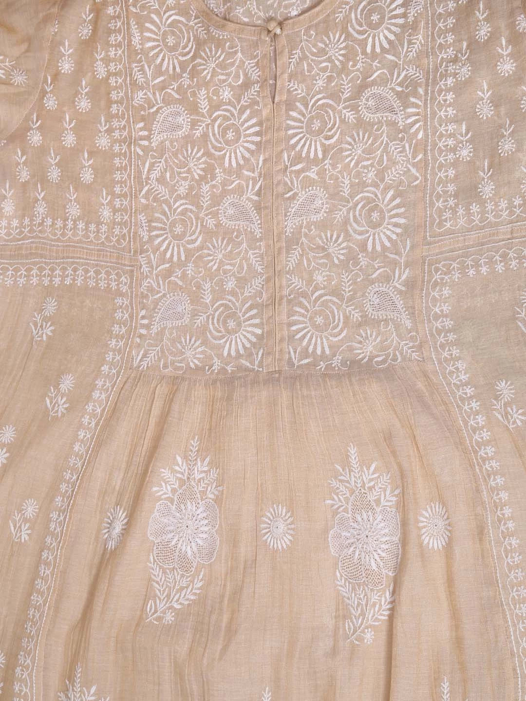Ada Hand Embroidered Light Fawn Chanderi Lucknowi Chikankari Semi-stitched Kurta Dupatta Set 01A360888