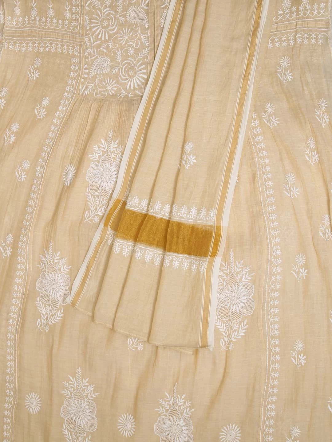 Ada Hand Embroidered Light Fawn Chanderi Lucknowi Chikankari Semi-stitched Kurta Dupatta Set 01A360888