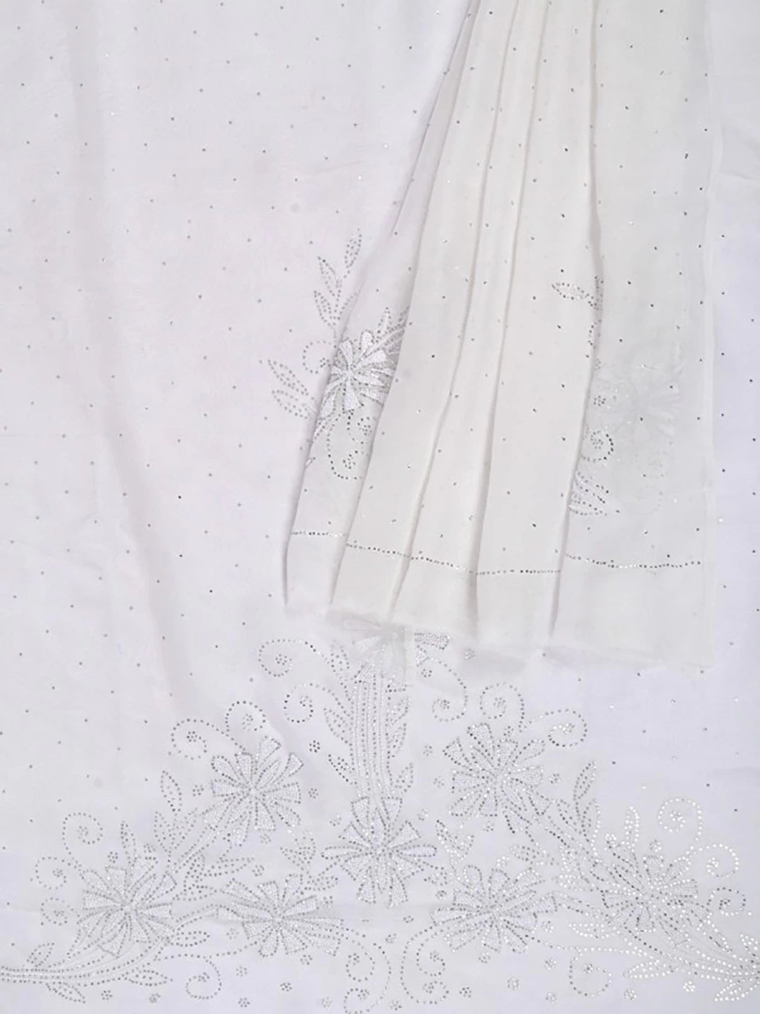 Ada Hand Embroidered White Organza Lucknowi Chikankari Unstitched Kurta Dupatta Set With Muqaish Work 01A202905
