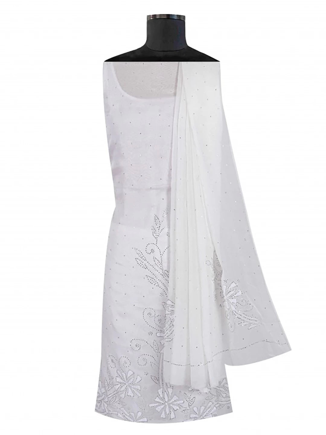 Ada Hand Embroidered White Organza Lucknowi Chikankari Unstitched Kurta Dupatta Set With Muqaish Work 01A202905