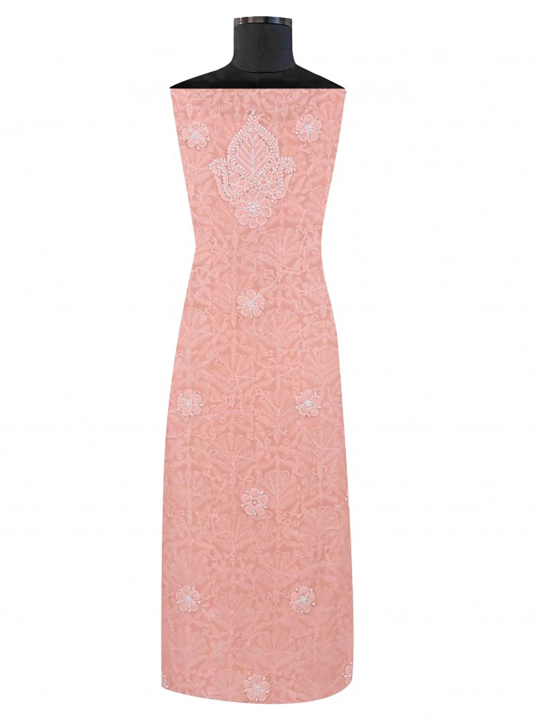 Ada Hand Embroidered Peach Georgette Lucknowi Chikankari Unstitched Kurta Dupatta Set 01A204231