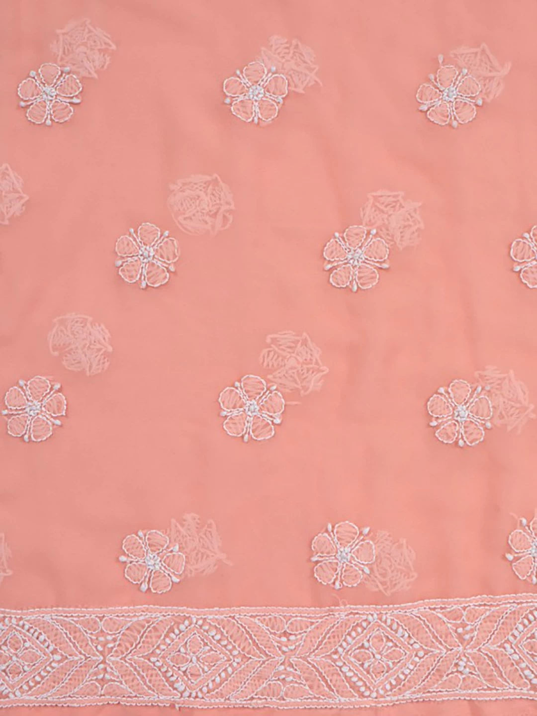 Ada Hand Embroidered Peach Georgette Lucknowi Chikankari Unstitched Kurta Dupatta Set 01A204231