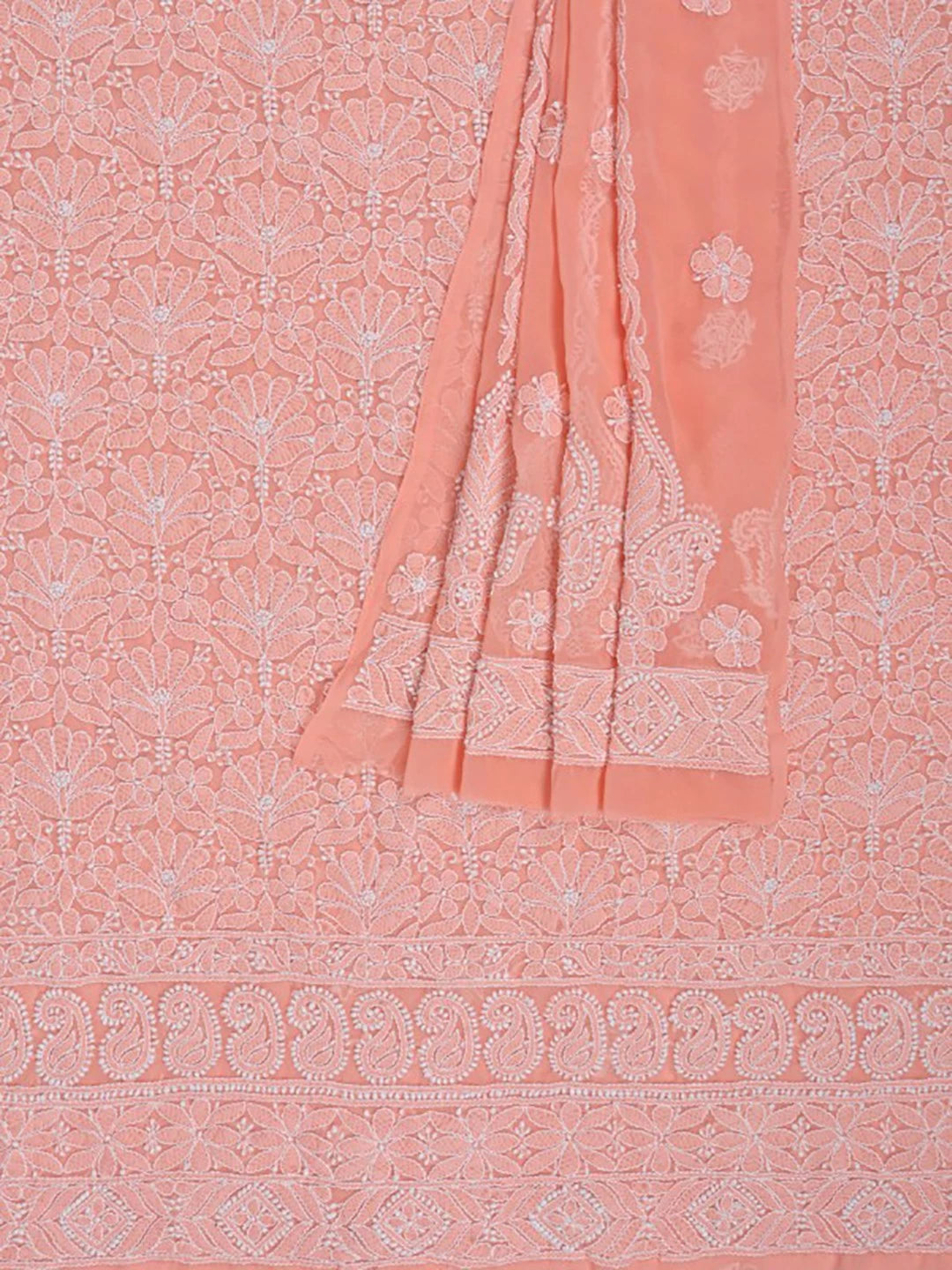 Ada Hand Embroidered Peach Georgette Lucknowi Chikankari Unstitched Kurta Dupatta Set 01A204231