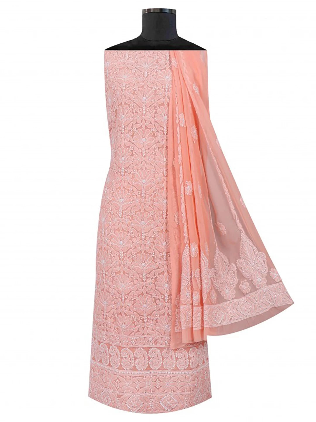 Ada Hand Embroidered Peach Georgette Lucknowi Chikankari Unstitched Kurta Dupatta Set 01A204231