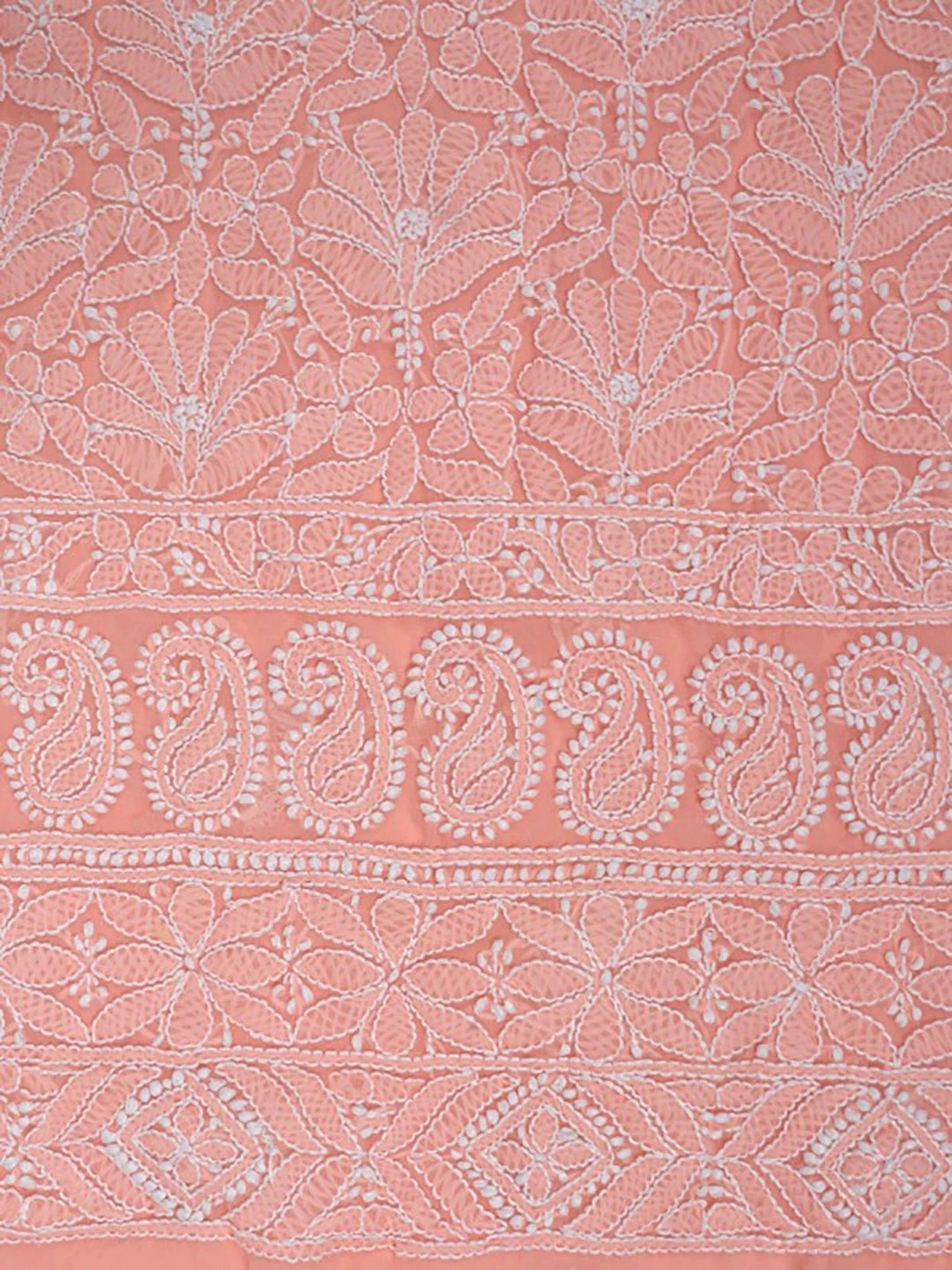 Ada Hand Embroidered Peach Georgette Lucknowi Chikankari Unstitched Kurta Dupatta Set 01A204231