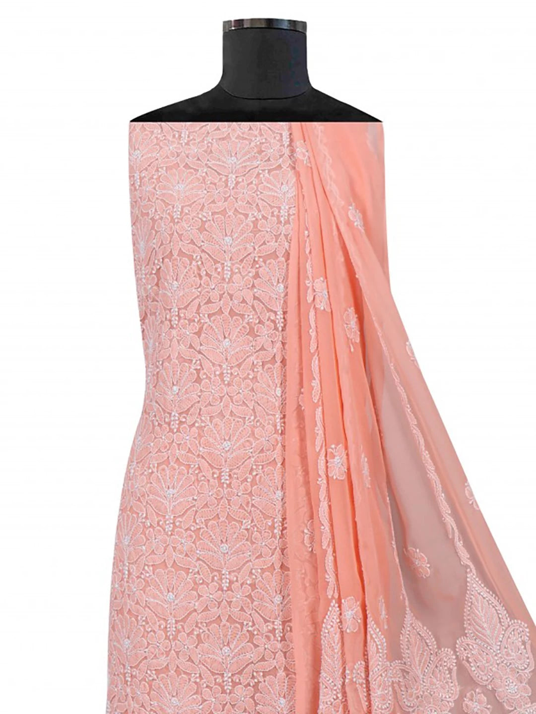 Ada Hand Embroidered Peach Georgette Lucknowi Chikankari Unstitched Kurta Dupatta Set 01A204231