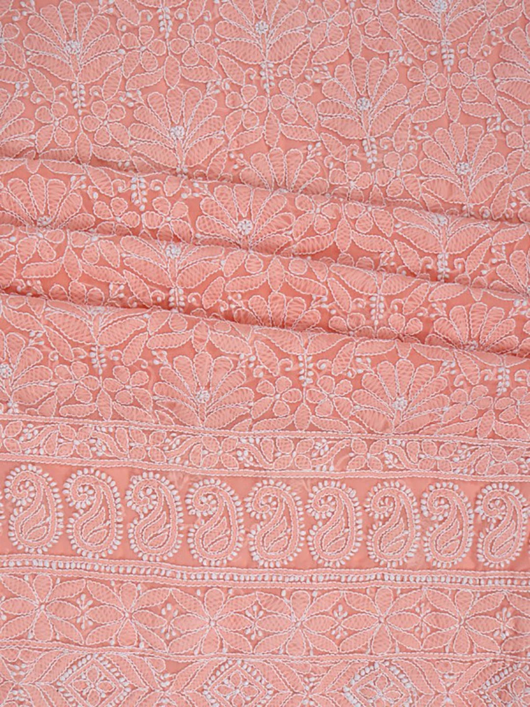 Ada Hand Embroidered Peach Georgette Lucknowi Chikankari Unstitched Kurta Dupatta Set 01A204231