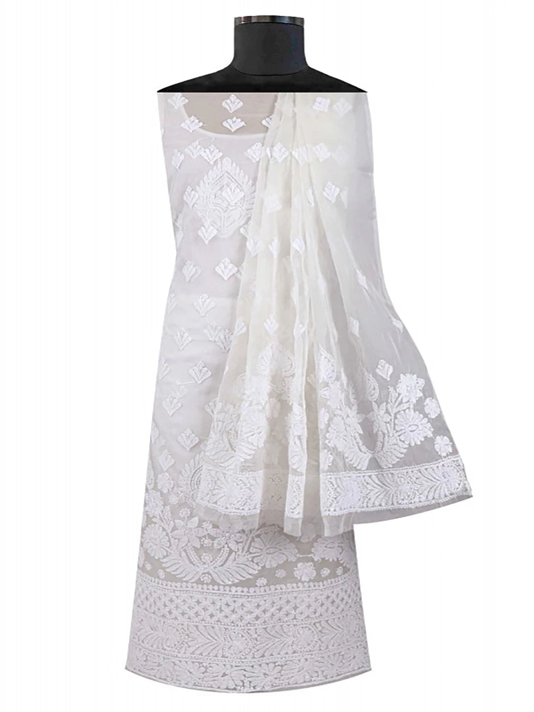 Ada Hand Embroidered White Organza Lucknowi Chikankari Unstitched Kurta Dupatta Set 01A157536