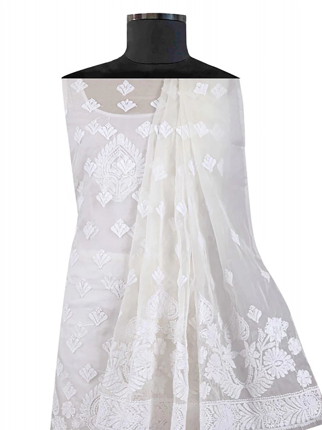 Ada Hand Embroidered White Organza Lucknowi Chikankari Unstitched Kurta Dupatta Set 01A157536