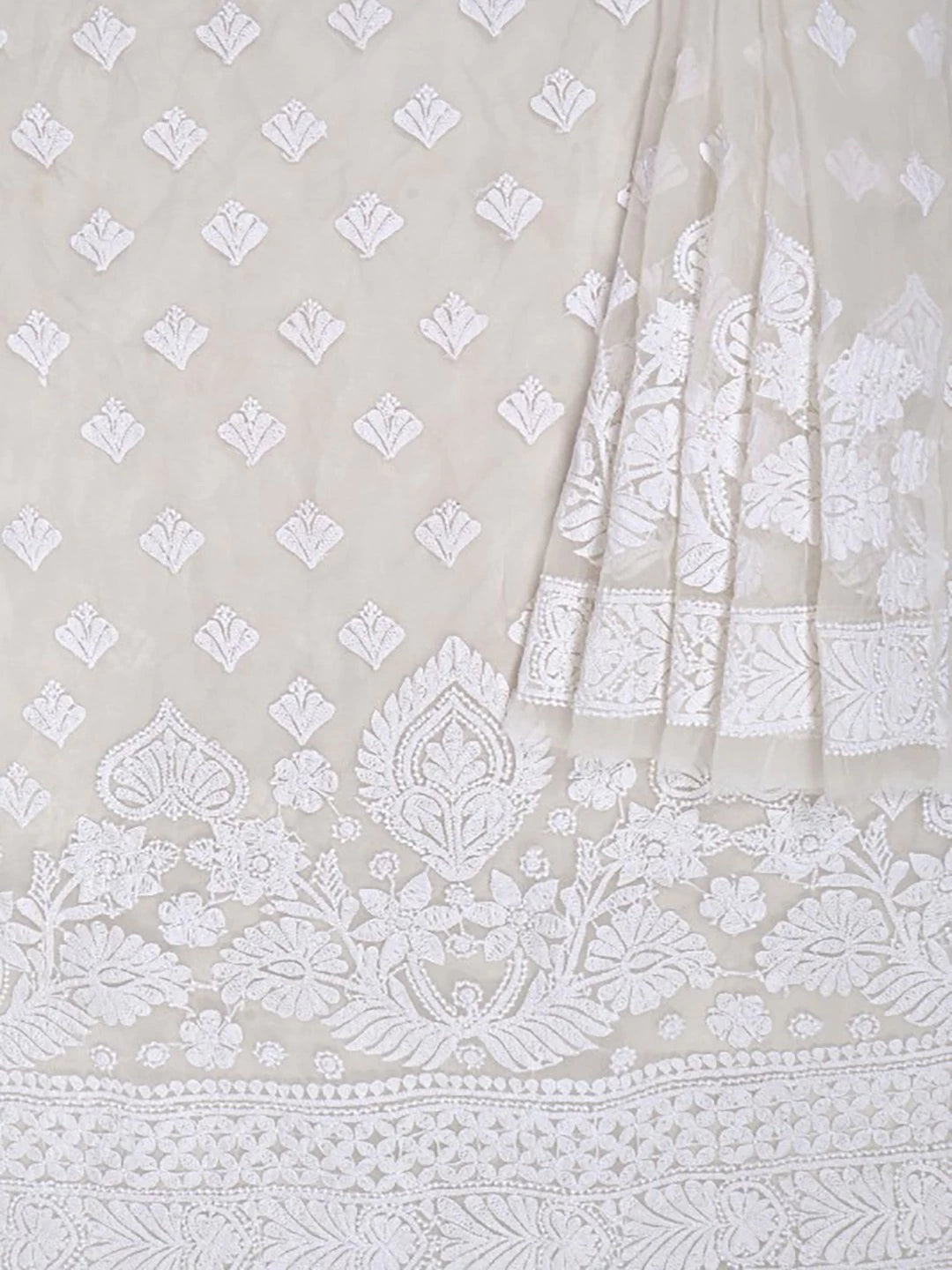 Ada Hand Embroidered White Organza Lucknowi Chikankari Unstitched Kurta Dupatta Set 01A157536