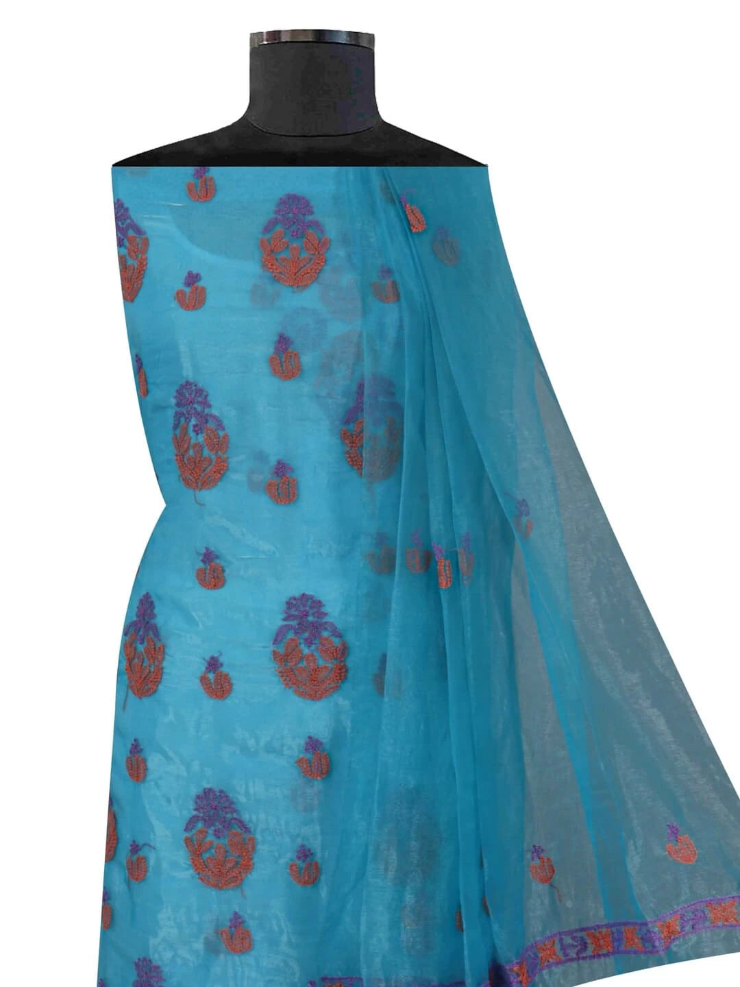 Ada Hand Embroidered Blue Organza Lucknowi Chikankiari Unstitched Kurta Dupatta Set 01A122431
