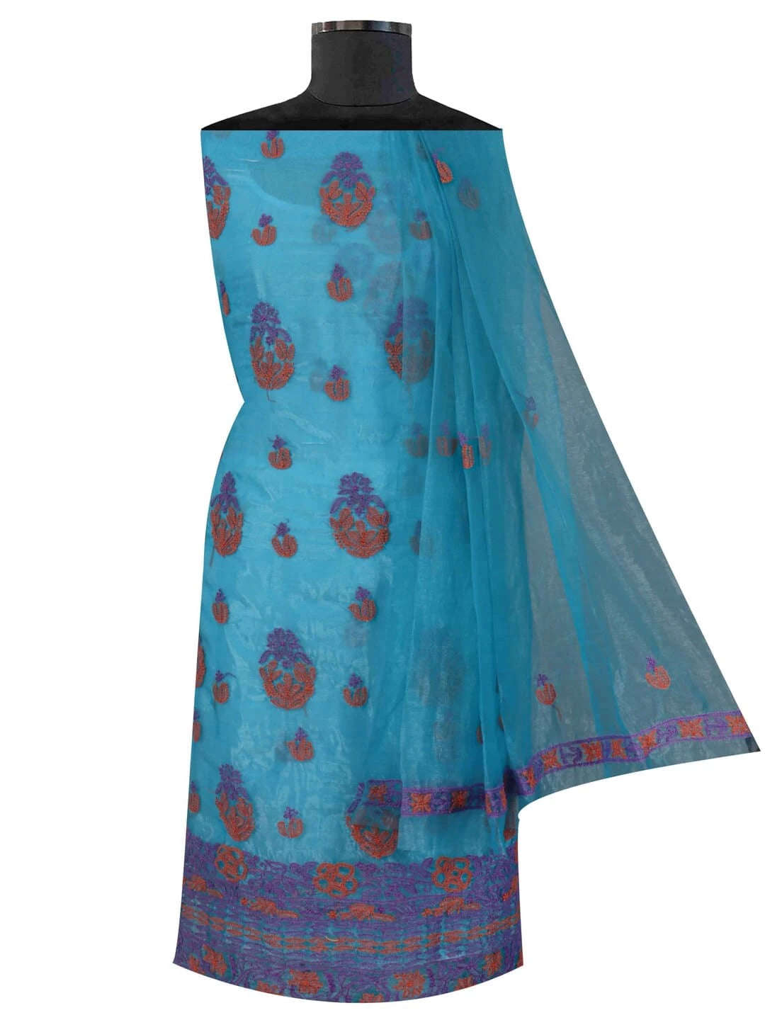 Ada Hand Embroidered Blue Organza Lucknowi Chikankiari Unstitched Kurta Dupatta Set 01A122431