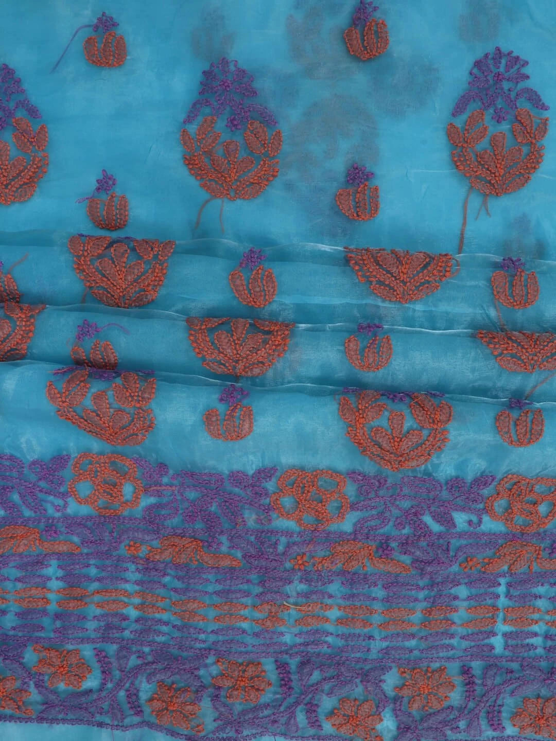 Ada Hand Embroidered Blue Organza Lucknowi Chikankiari Unstitched Kurta Dupatta Set 01A122431