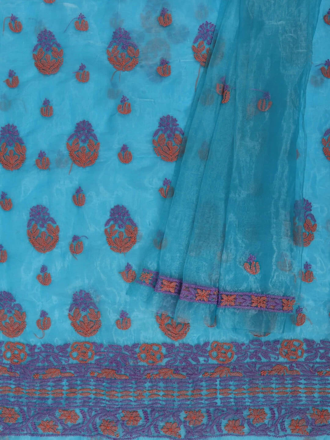 Ada Hand Embroidered Blue Organza Lucknowi Chikankiari Unstitched Kurta Dupatta Set 01A122431