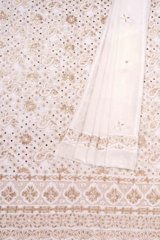 Ada Hand Embroidered White Georgette Lucknowi Chikankari Unstitched Kurta Dupatta Set with Gota Patti Work 01A123460