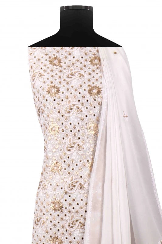 Ada Hand Embroidered White Georgette Lucknowi Chikankari Unstitched Kurta Dupatta Set with Gota Patti Work 01A123460