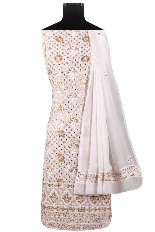 Ada Hand Embroidered White Georgette Lucknowi Chikankari Unstitched Kurta Dupatta Set with Gota Patti Work 01A123460