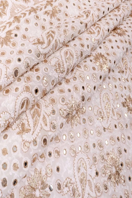 Ada Hand Embroidered White Georgette Lucknowi Chikankari Unstitched Kurta Dupatta Set with Gota Patti Work 01A123460