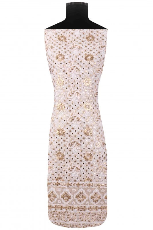 Ada Hand Embroidered White Georgette Lucknowi Chikankari Unstitched Kurta Dupatta Set with Gota Patti Work 01A123460