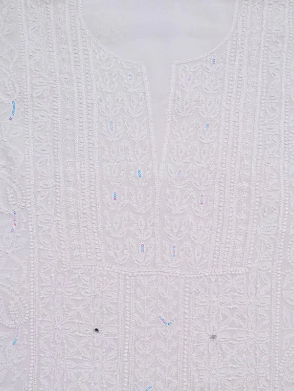 Ada Hand Embroidered White Georgette Lucknowi Chikankari Unstitched Kurta Dupatta With Sequinned Work 01A125226
