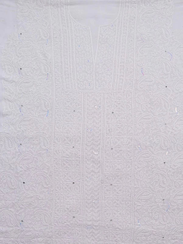 Ada Hand Embroidered White Georgette Lucknowi Chikankari Unstitched Kurta Dupatta With Sequinned Work 01A125226