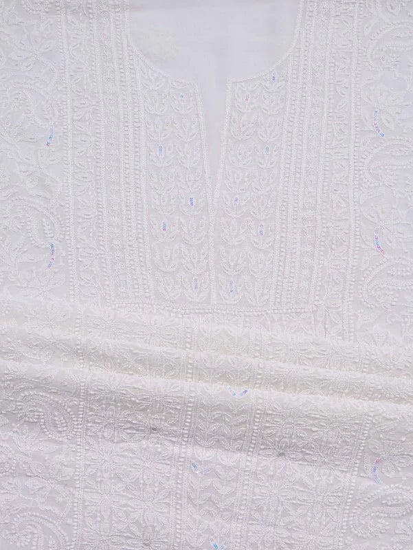 Ada Hand Embroidered White Georgette Lucknowi Chikankari Unstitched Kurta Dupatta With Sequinned Work 01A125226