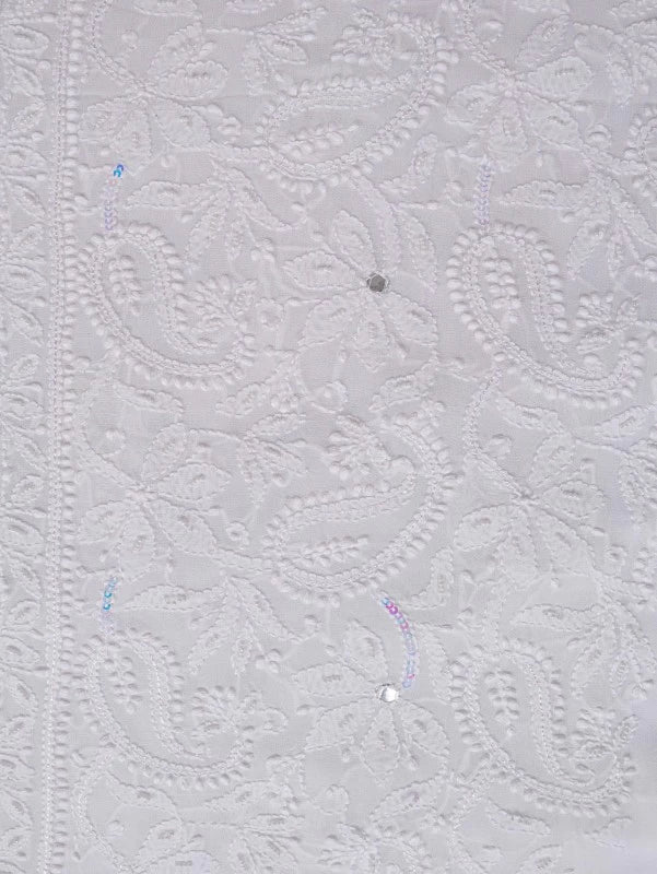 Ada Hand Embroidered White Georgette Lucknowi Chikankari Unstitched Kurta Dupatta With Sequinned Work 01A125226
