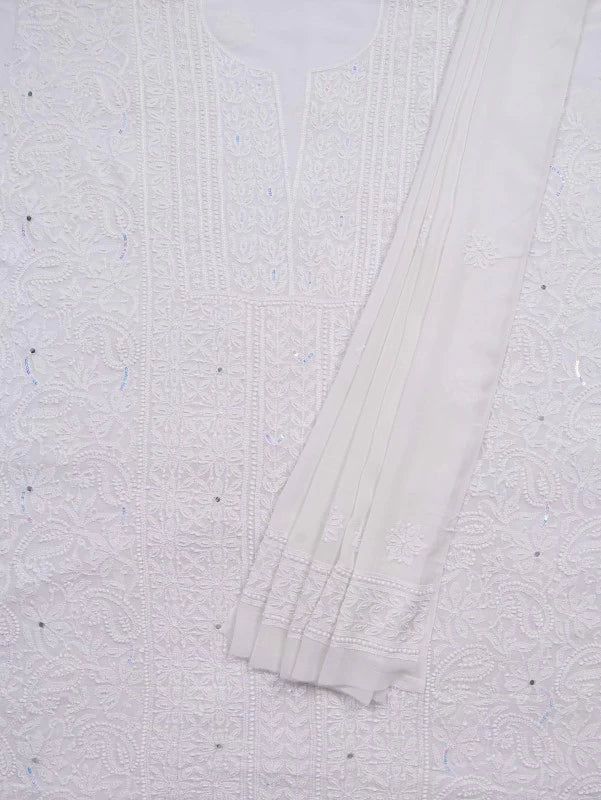 Ada Hand Embroidered White Georgette Lucknowi Chikankari Unstitched Kurta Dupatta With Sequinned Work 01A125226