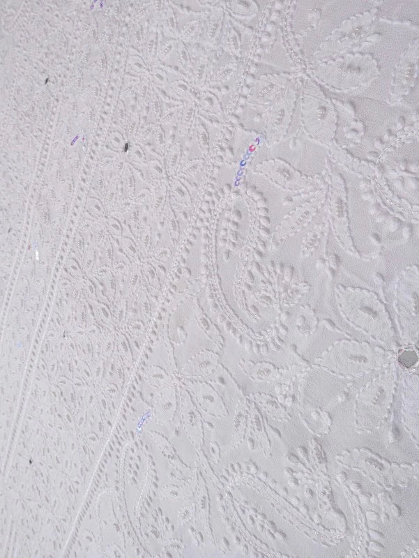 Ada Hand Embroidered White Georgette Lucknowi Chikankari Unstitched Kurta Dupatta With Sequinned Work 01A125226