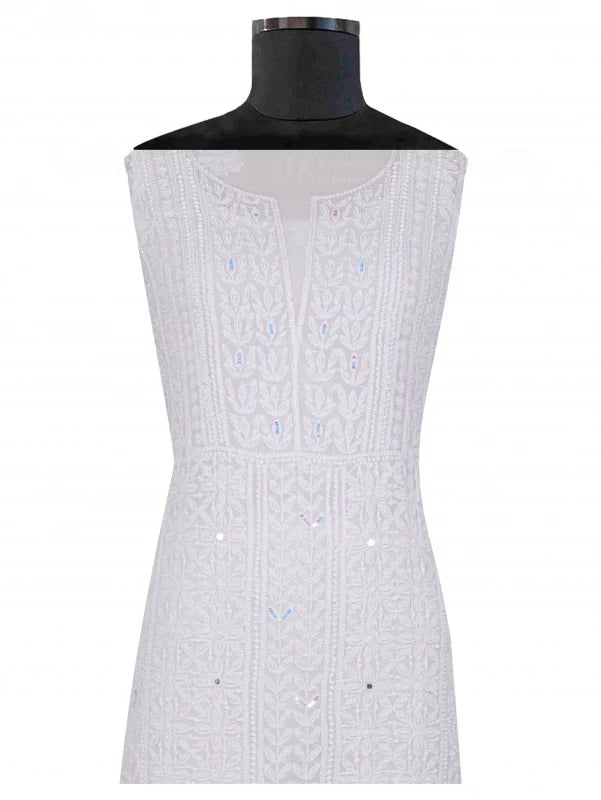 Ada Hand Embroidered White Georgette Lucknowi Chikankari Unstitched Kurta Dupatta With Sequinned Work 01A125226