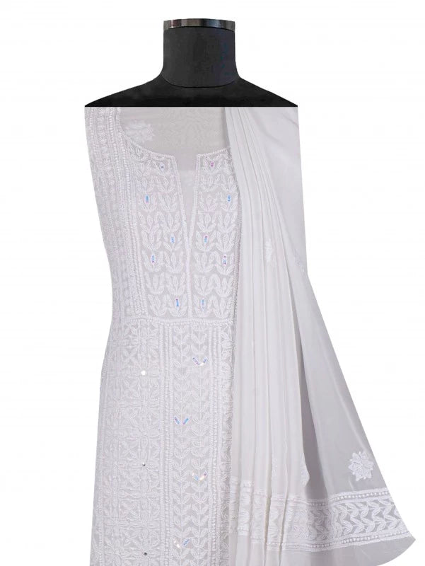 Ada Hand Embroidered White Georgette Lucknowi Chikankari Unstitched Kurta Dupatta With Sequinned Work 01A125226