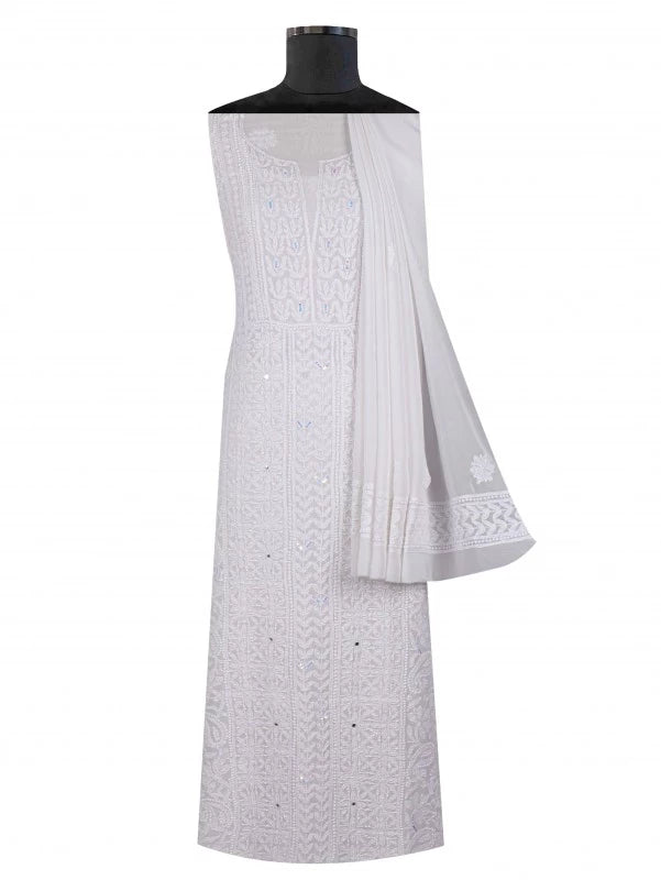 Ada Hand Embroidered White Georgette Lucknowi Chikankari Unstitched Kurta Dupatta With Sequinned Work 01A125226