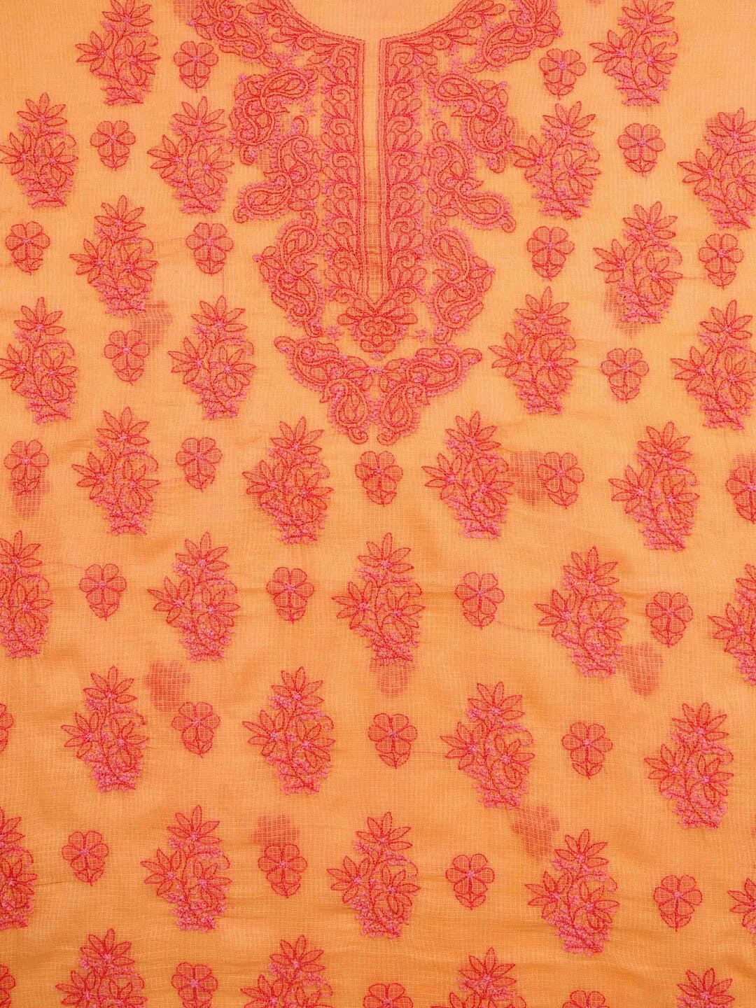 Ada Hand Embroidered Peach Kota Lucknowi Chikankari Unstitched Kurta Dupatta Set 01A94742