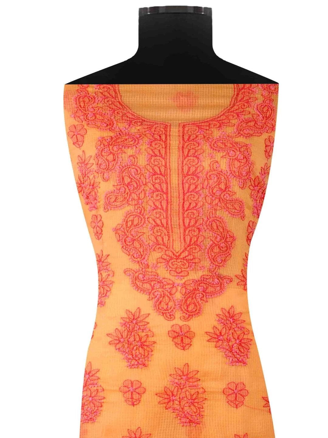 Ada Hand Embroidered Peach Kota Lucknowi Chikankari Unstitched Kurta Dupatta Set 01A94742