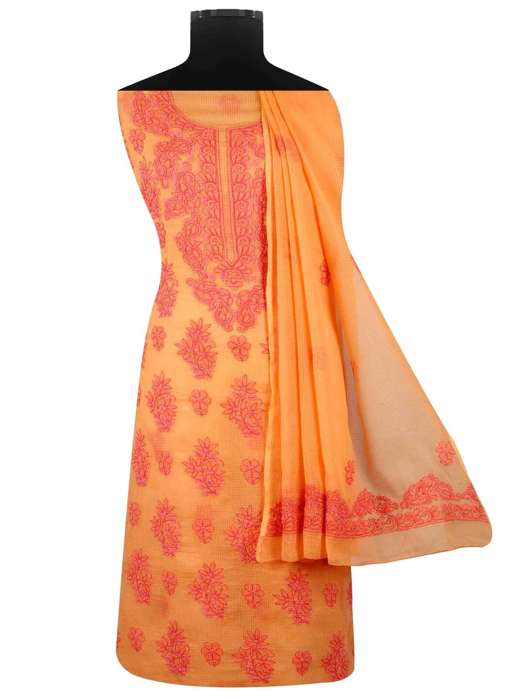Ada Hand Embroidered Peach Kota Lucknowi Chikankari Unstitched Kurta Dupatta Set 01A94742