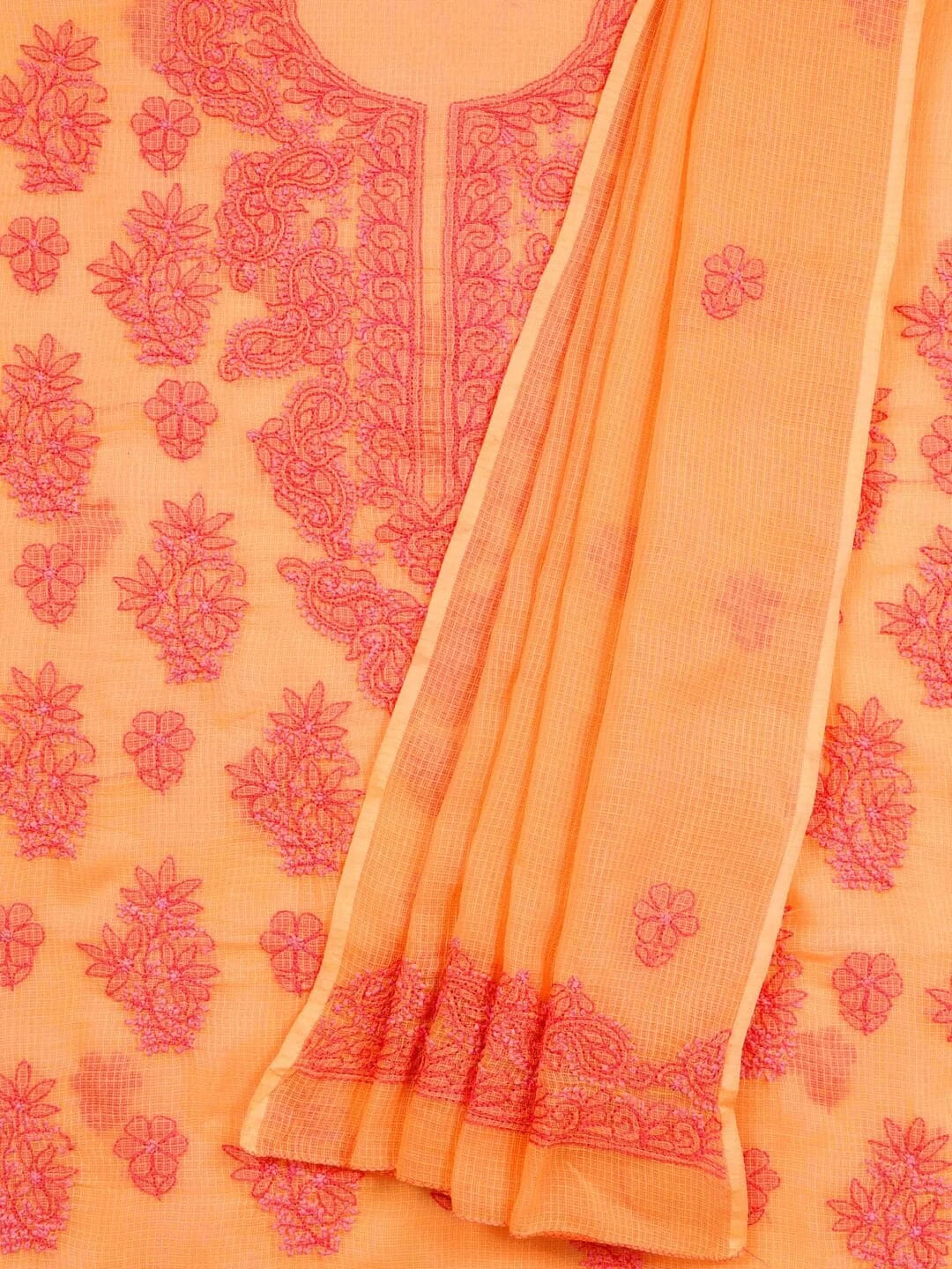 Ada Hand Embroidered Peach Kota Lucknowi Chikankari Unstitched Kurta Dupatta Set 01A94742
