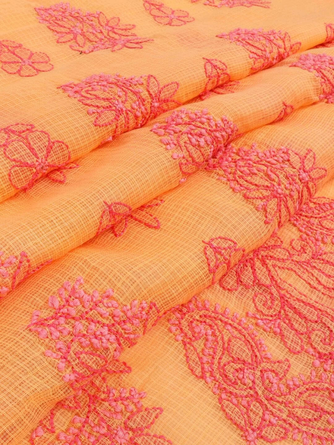 Ada Hand Embroidered Peach Kota Lucknowi Chikankari Unstitched Kurta Dupatta Set 01A94742