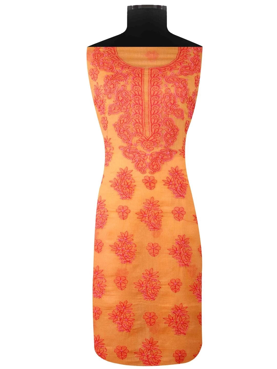 Ada Hand Embroidered Peach Kota Lucknowi Chikankari Unstitched Kurta Dupatta Set 01A94742