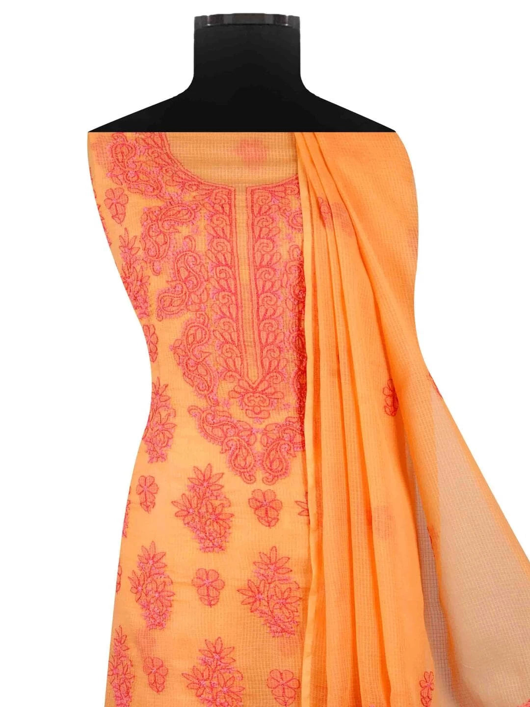 Ada Hand Embroidered Peach Kota Lucknowi Chikankari Unstitched Kurta Dupatta Set 01A94742
