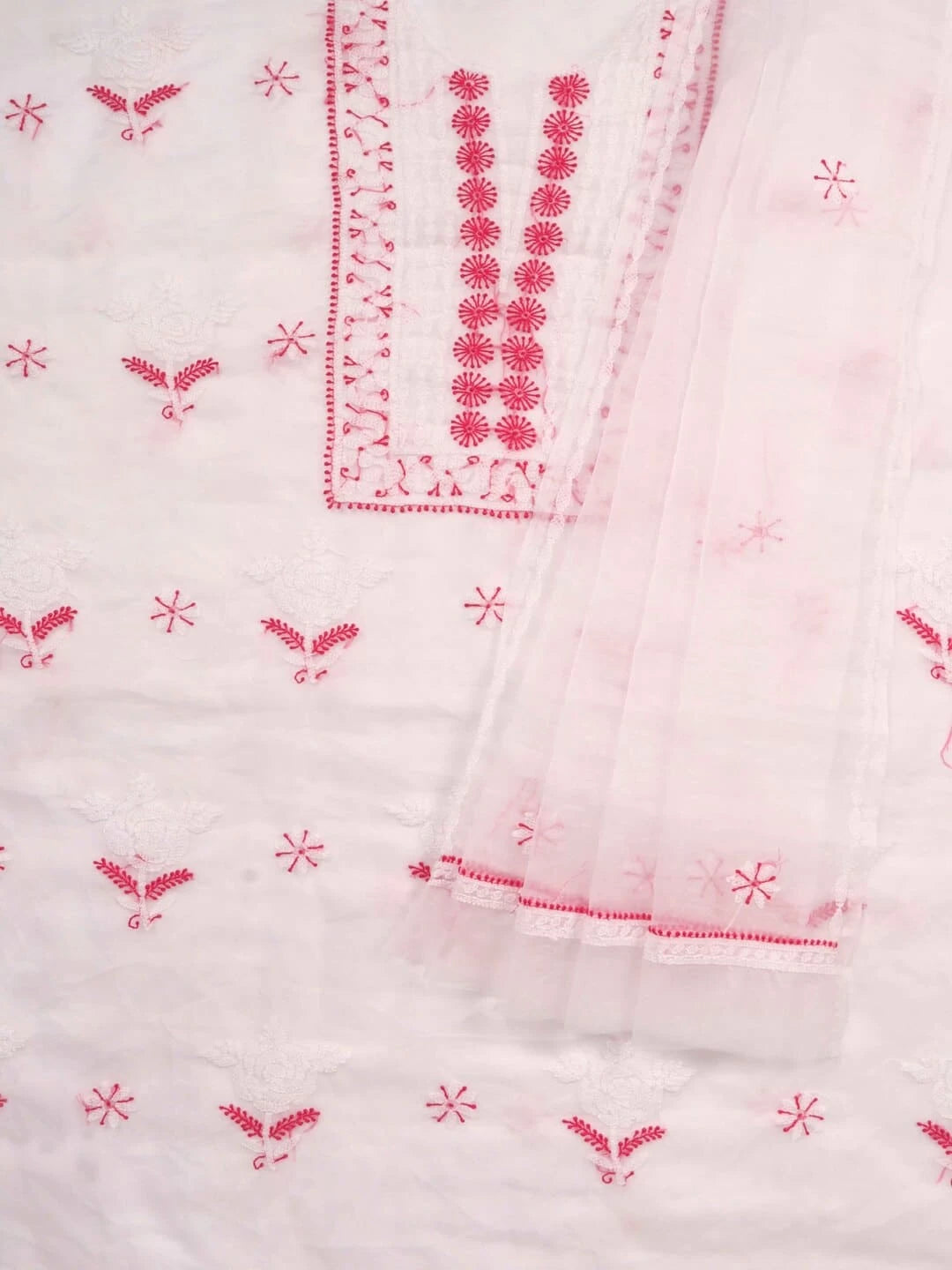 Ada Hand Embroidered White Organza Lucknowi Chikankari Unstitched Kurta Dupatta Set 01A91773