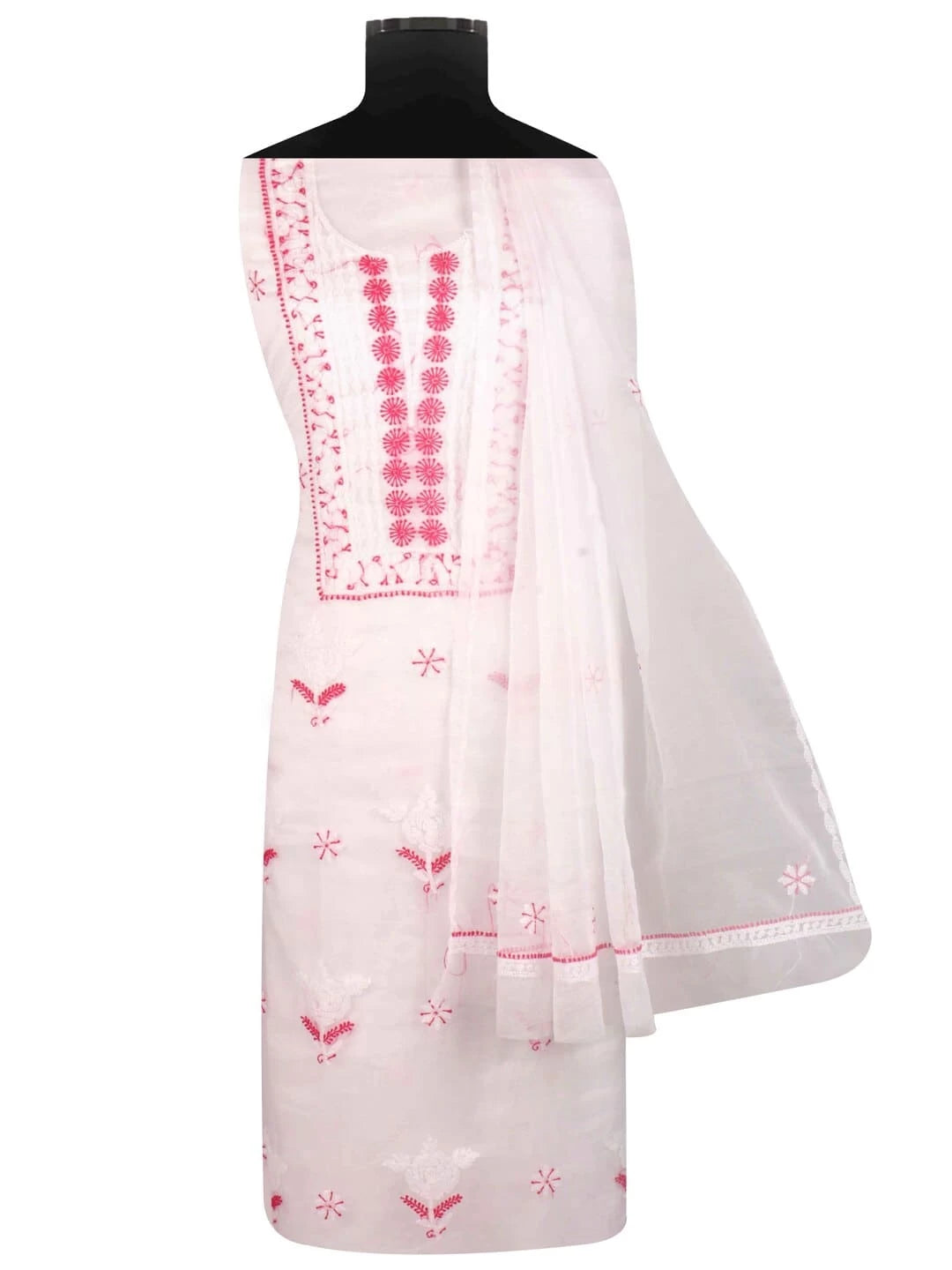 Ada Hand Embroidered White Organza Lucknowi Chikankari Unstitched Kurta Dupatta Set 01A91773