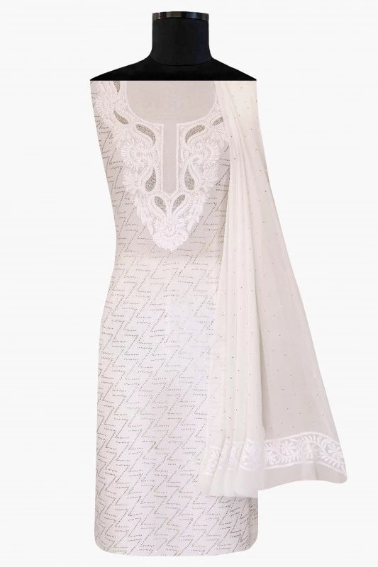 Ada Hand Embroidered White Georgette Lucknowi Chikankari Unstitched Kurta Dupatta Set With Muqaish Work A516969